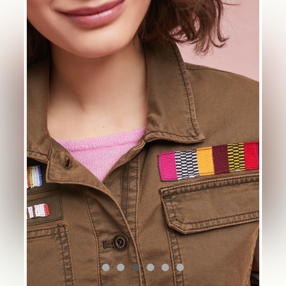 Anthropologie Military Style Olive Jacket with Peplum Hem, Beaded, Cotton/Linen - Picture 12 of 15
